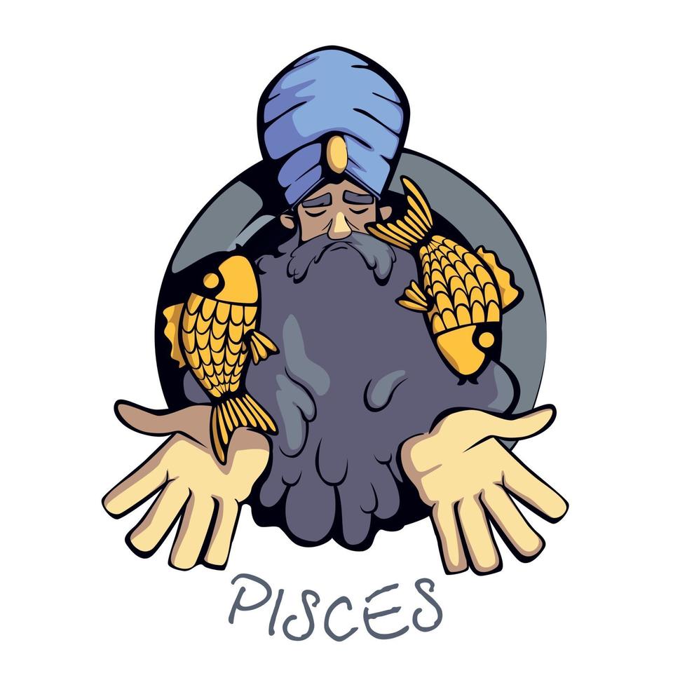 Pisces zodiac sign man flat cartoon vector illustration. Astrological symbol personality, Indian guru meditating. Ready to use 2d character for commercial, printing design. Isolated concept icon