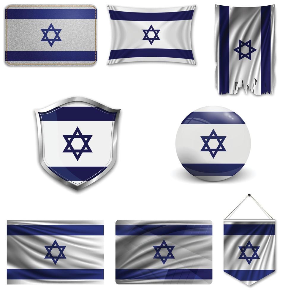 Set of the national flag of Israel in different designs on a white background. Realistic vector illustration.