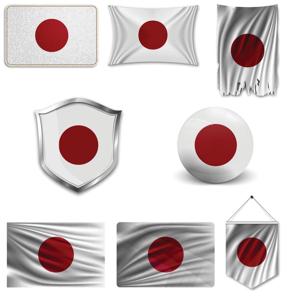 Set of the national flag of Japan in different designs on a white background. Realistic vector illustration.