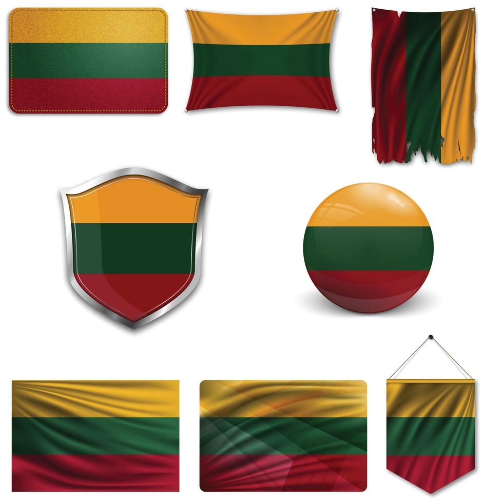 Set of the national flag of Lithuania in different designs on a white background. Realistic vector illustration.