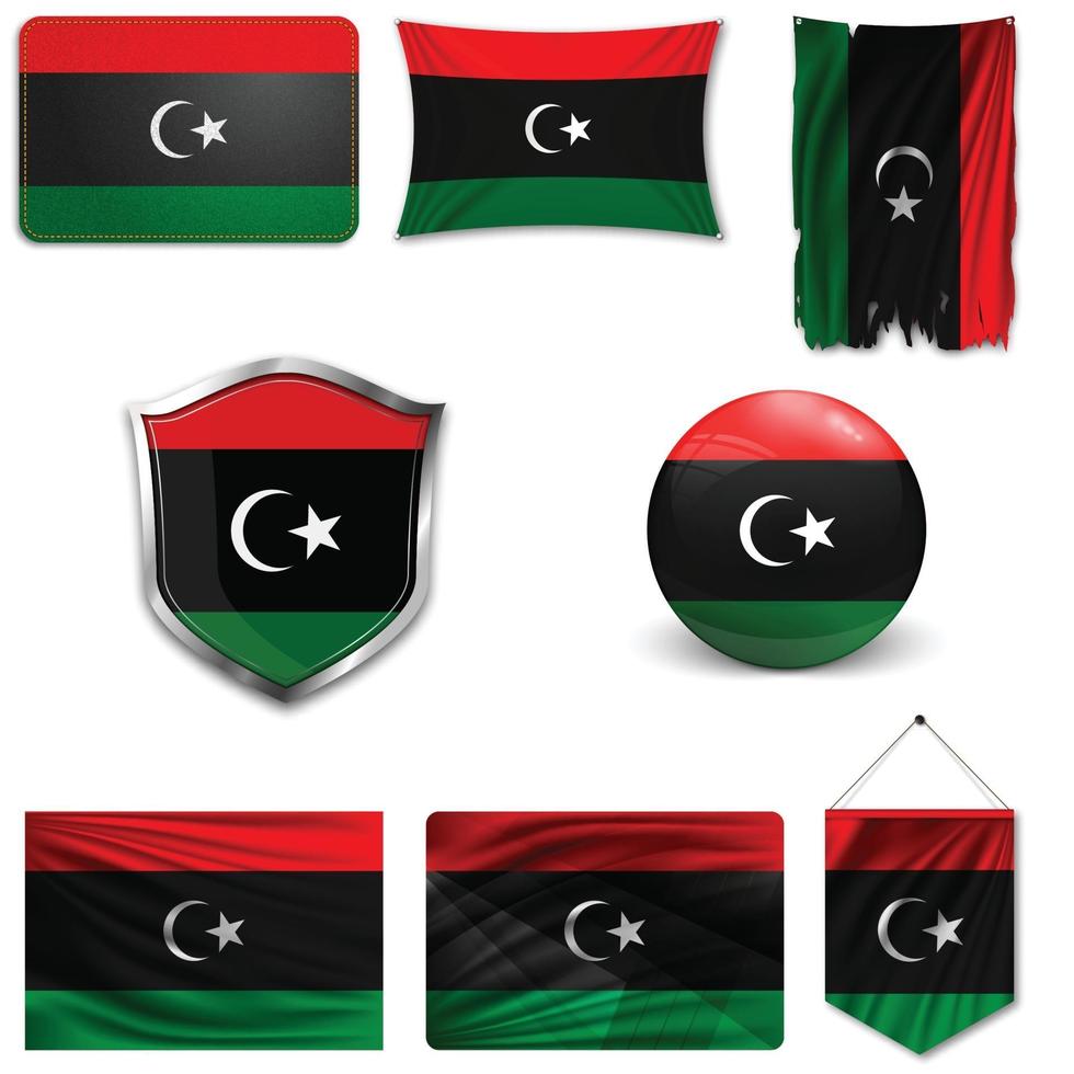 Set of the national flag of Libya in different designs on a white background. Realistic vector illustration.