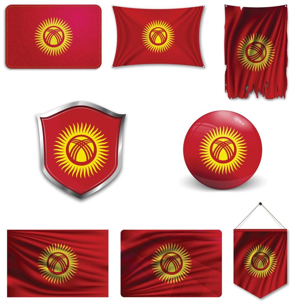 Set of the national flag of Kyrgyzstan in different designs on a white background. Realistic vector illustration.