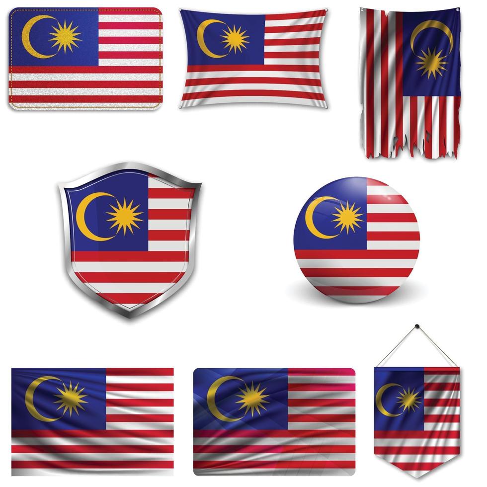 Set of the national flag of Malaysia in different designs on a white background. Realistic vector illustration.