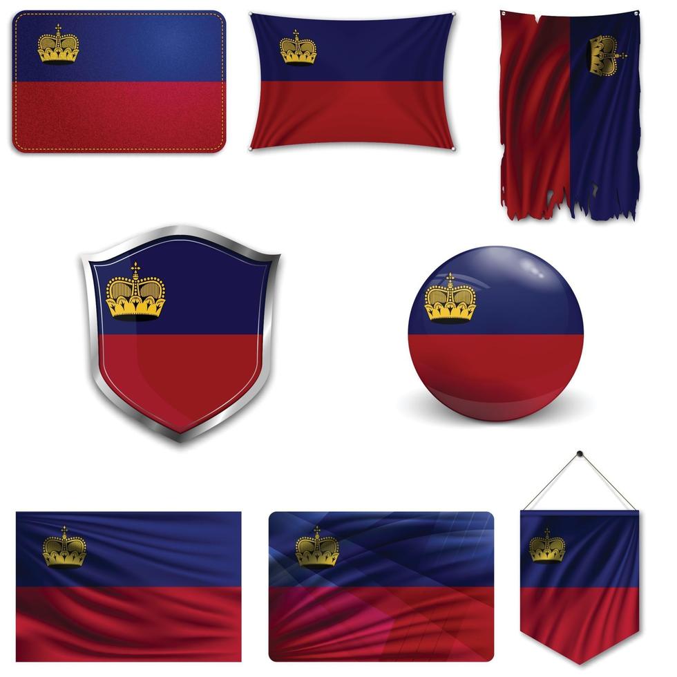 Conjunto de la bandera nacional de Liechtenstein en diferentes diseños sobre un fondo blanco. ilustración vectorial realista. vector