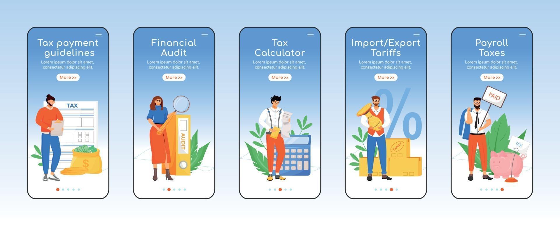 política fiscal incorporación de plantilla de vector plano de pantalla de aplicación móvil. pasos del sitio web del tutorial de impuestos y pagos con caracteres. ux, ui, interfaz gráfica de usuario de dibujos animados para teléfonos inteligentes, conjunto de impresiones de casos