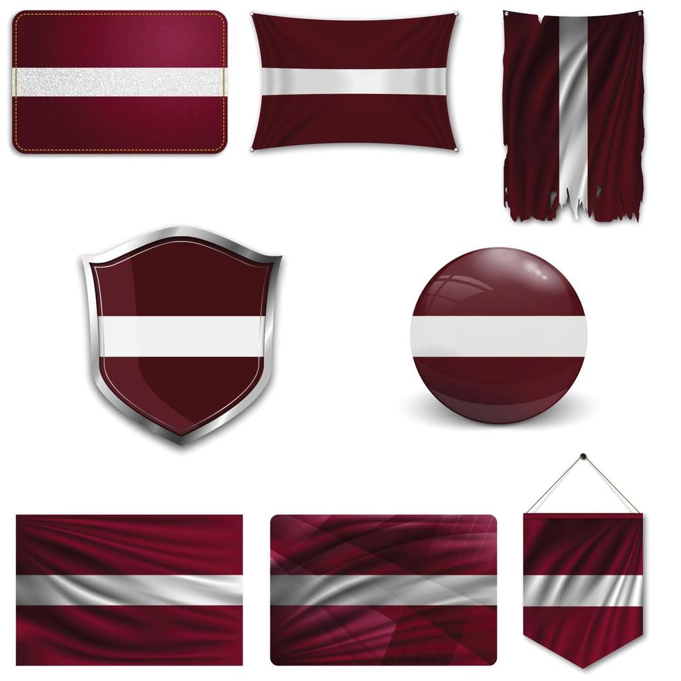 Set of the national flag of Latvia in different designs on a white background. Realistic vector illustration.