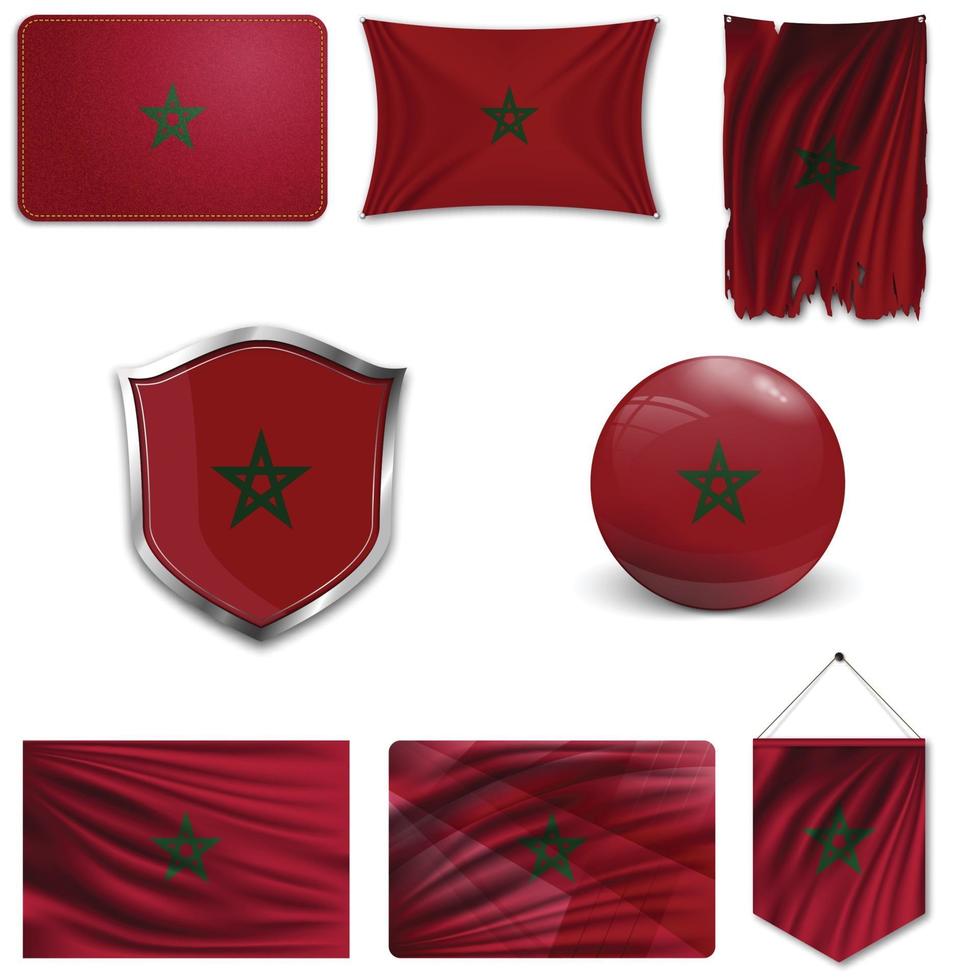 Set of the national flag of Morocco in different designs on a white background. Realistic vector illustration.