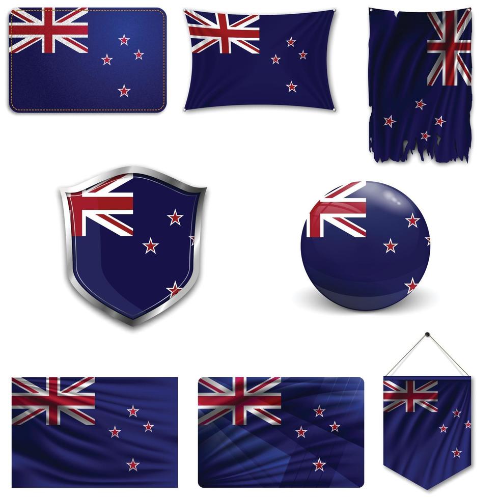 Set of the national flag of New Zealand in different designs on a white background. Realistic vector illustration.