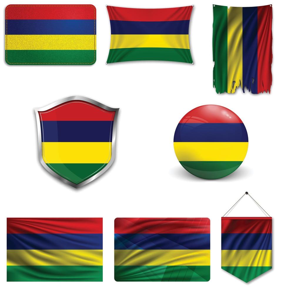 Set of the national flag of Mauritius in different designs on a white background. Realistic vector illustration.