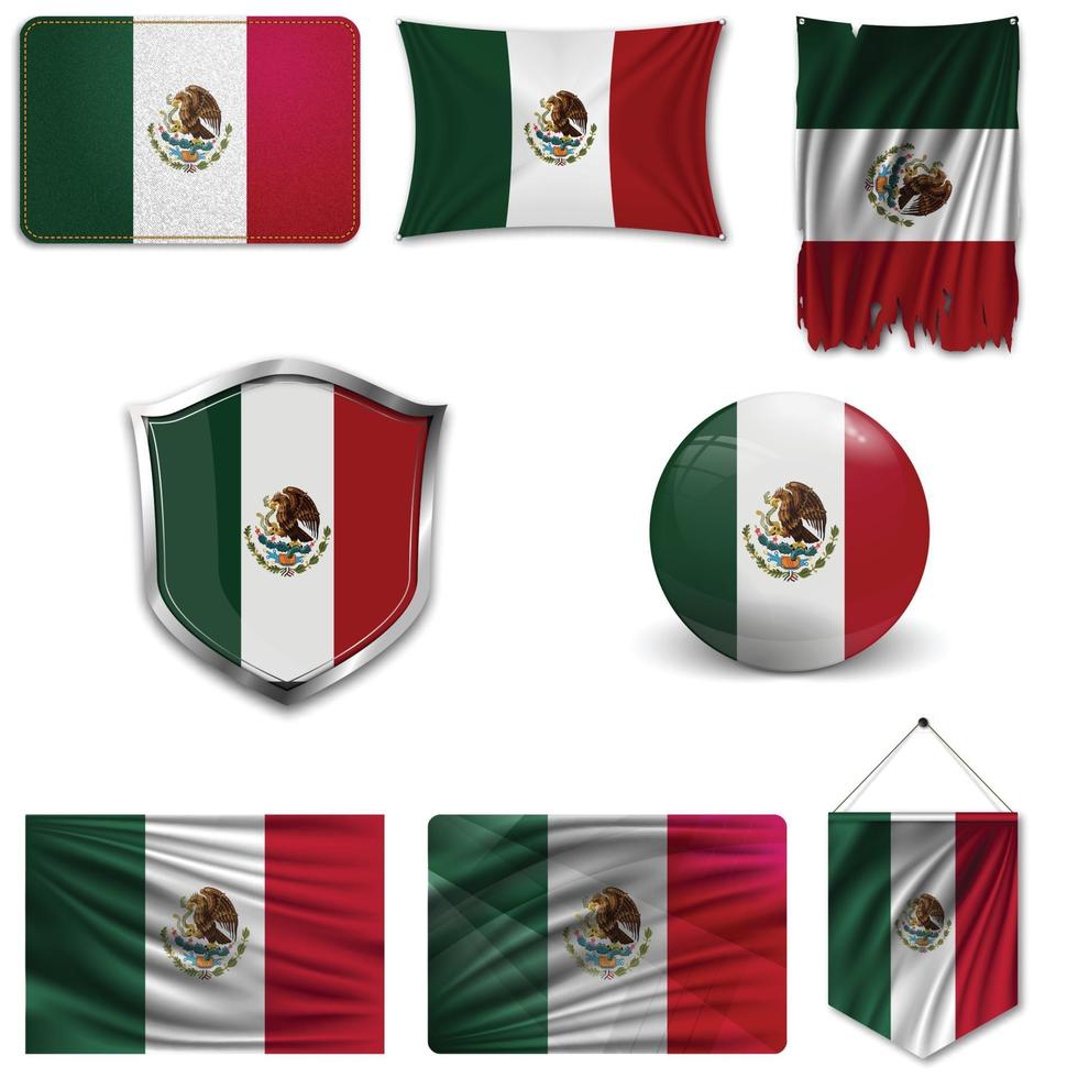 Conjunto de la bandera nacional de México en diferentes diseños sobre un fondo blanco. ilustración vectorial realista. vector