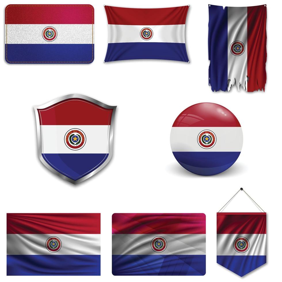 Set of the national flag of Paraguay in different designs on a white background. Realistic vector illustration.