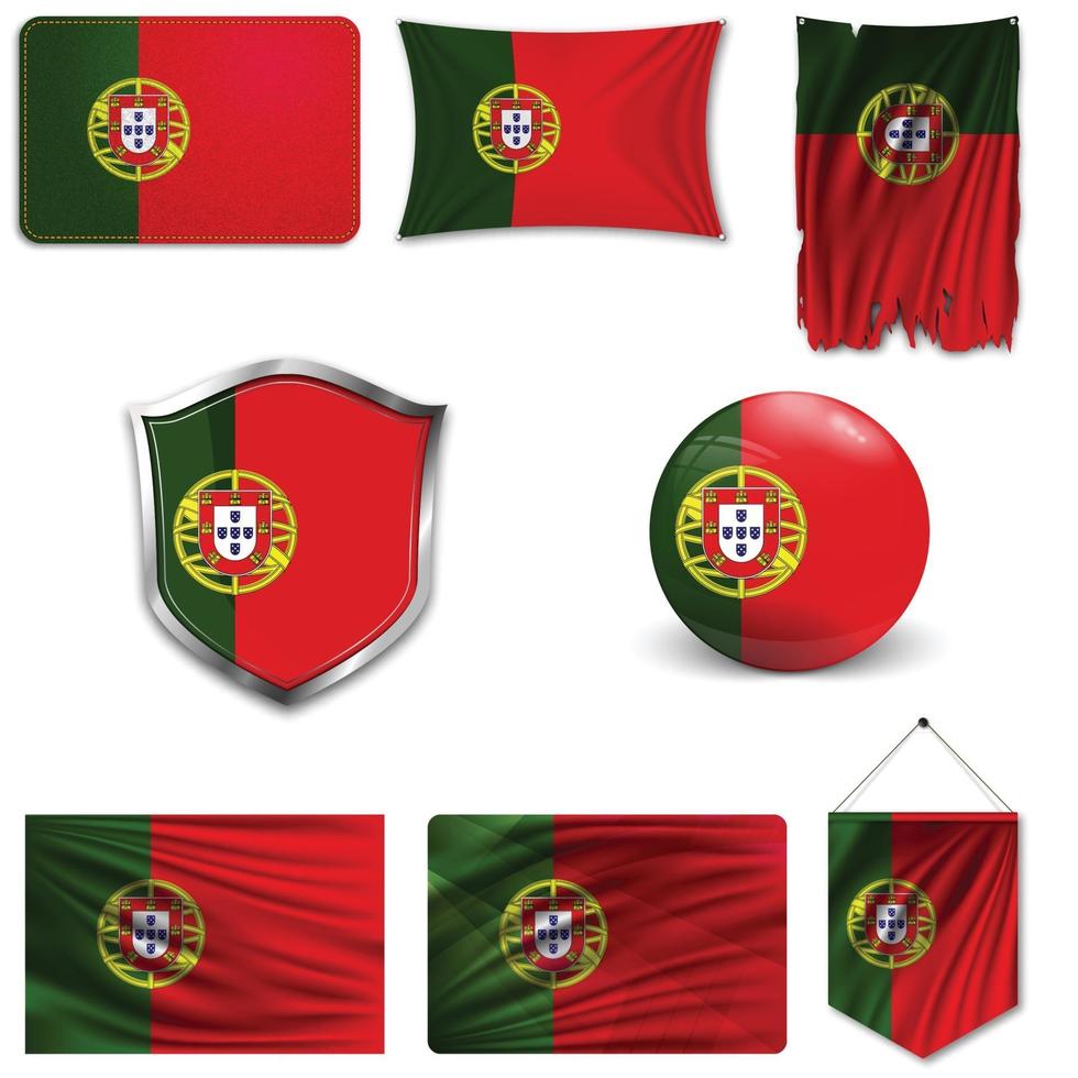 Set of the national flag of Portugal in different designs on a white background. Realistic vector illustration.