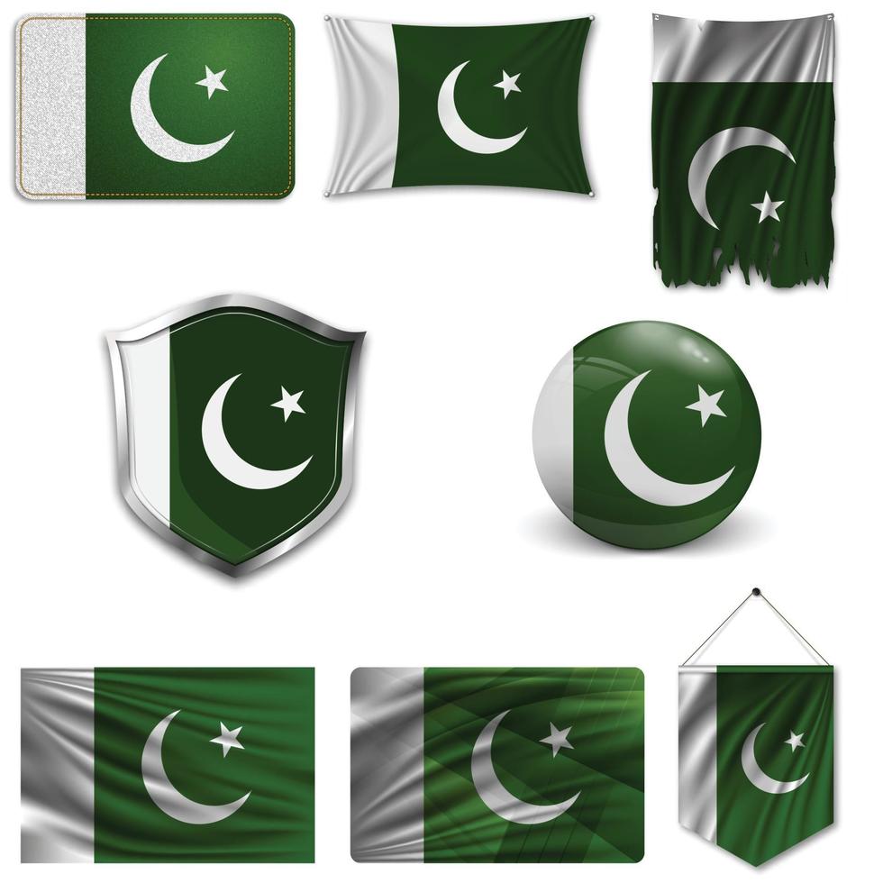 Set of the national flag of Pakistan in different designs on a white background. Realistic vector illustration.