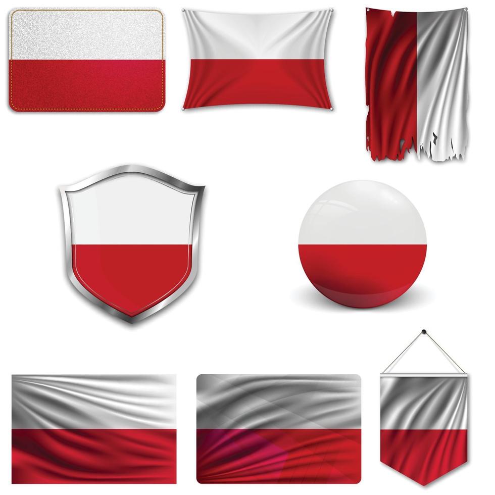 Set of the national flag of Poland in different designs on a white background. Realistic vector illustration.
