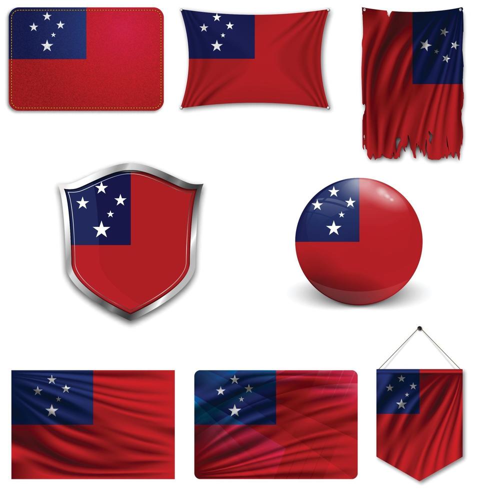 Set of the national flag of Samoa in different designs on a white background. Realistic vector illustration.