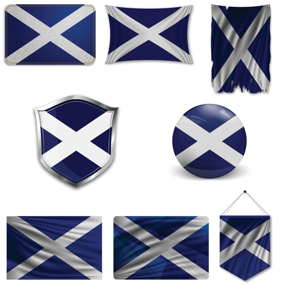 Set of the national flag of Scotland in different designs on a white background. Realistic vector illustration.