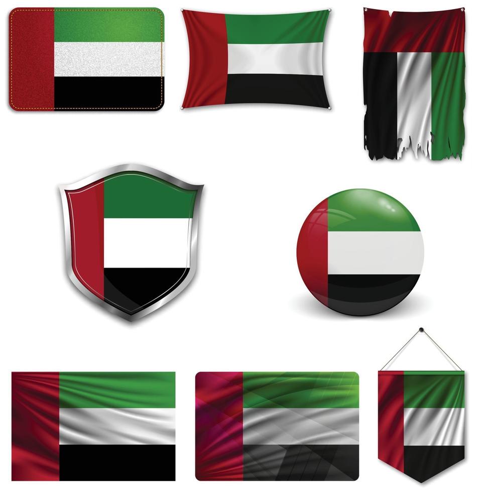 Set of the national flag of United Arab Emirates in different designs on a white background. Realistic vector illustration.