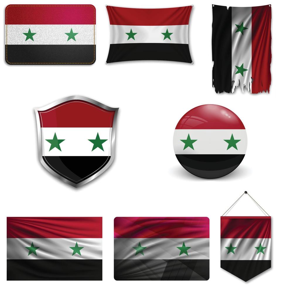 Set of the national flag of Syria in different designs on a white background. Realistic vector illustration.