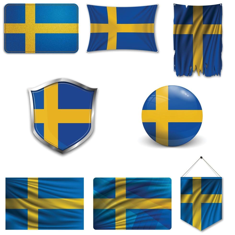 Set of the national flag of Sweden in different designs on a white background. Realistic vector illustration.