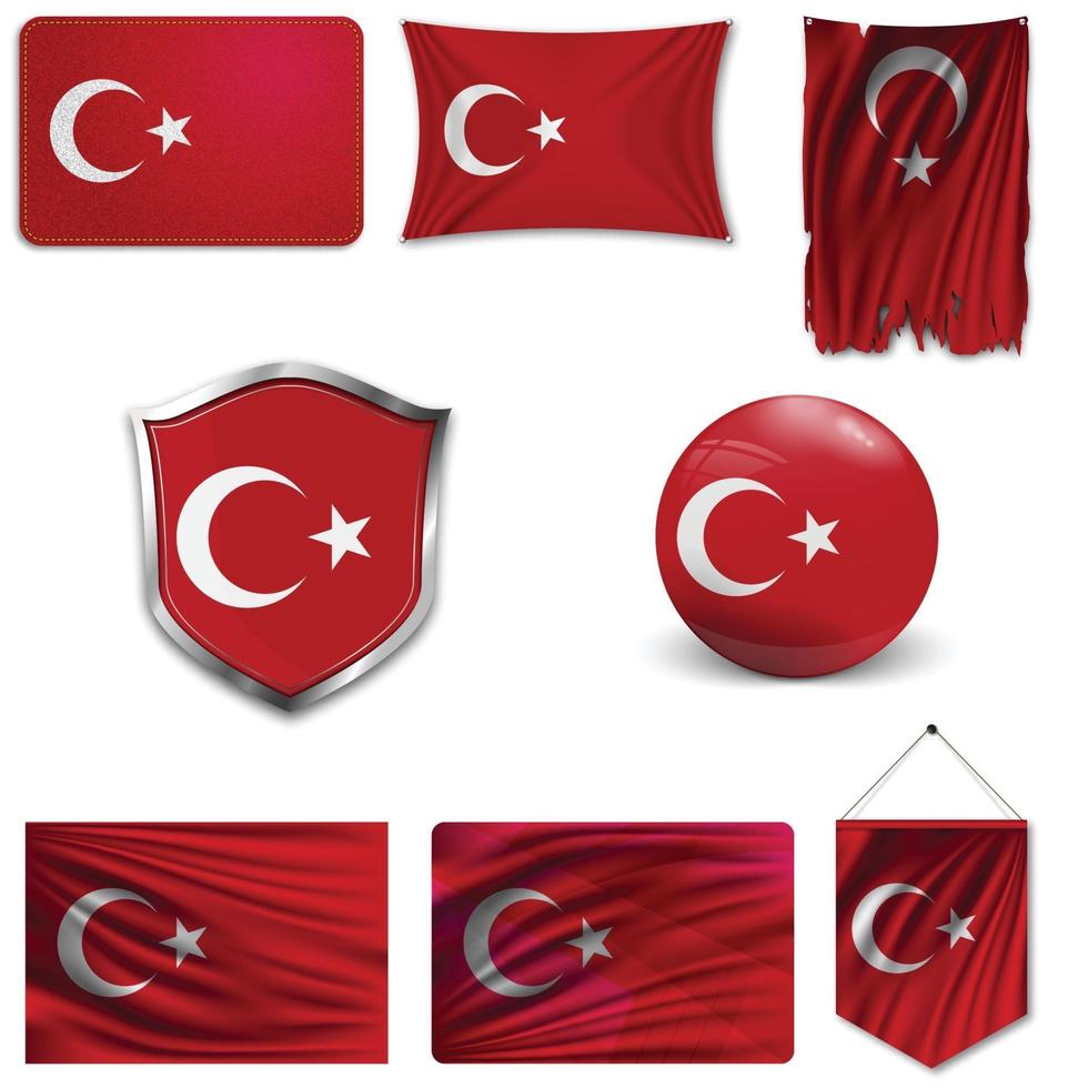 Set of the national flag of Turkey in different designs on a white background. Realistic vector illustration.
