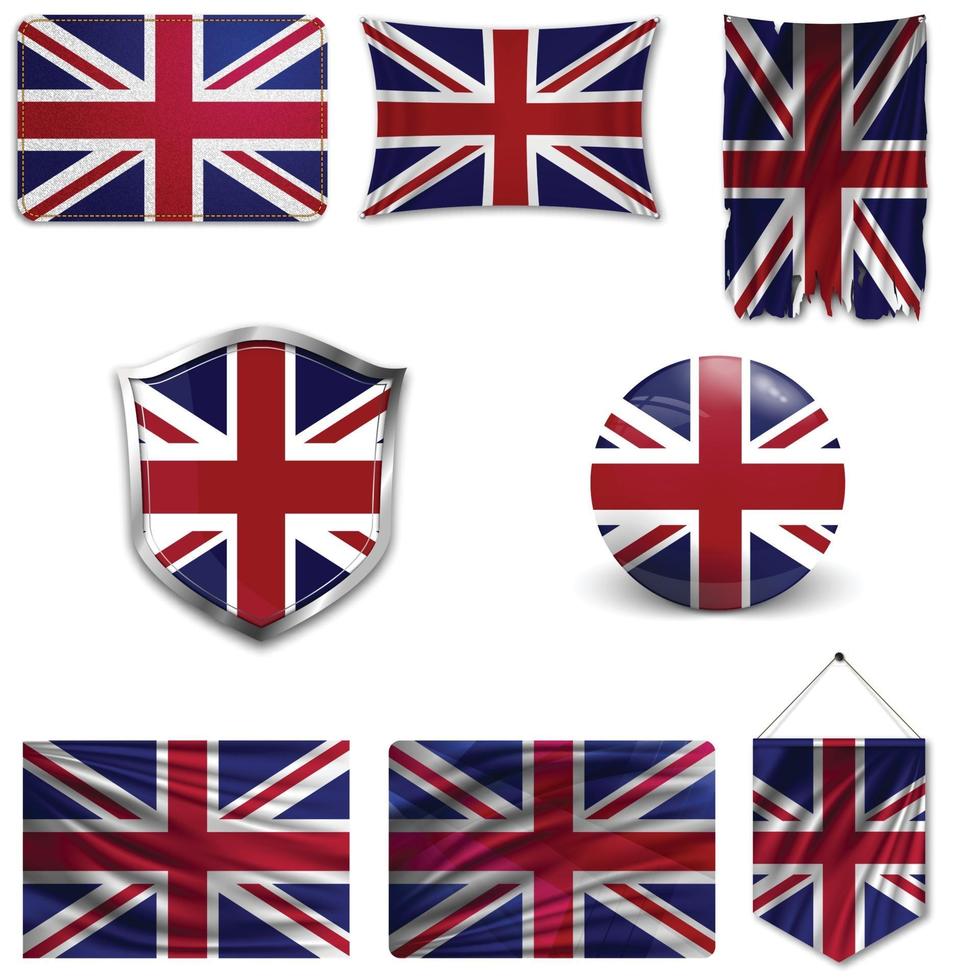 conjunto de la bandera nacional de gran bretaña en diferentes diseños sobre un fondo blanco. ilustración vectorial realista. vector
