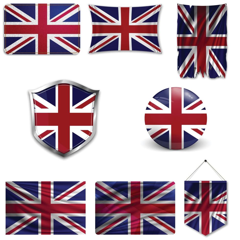 Set of the national flag of Great Britain in different designs on a white background. Realistic vector illustration.