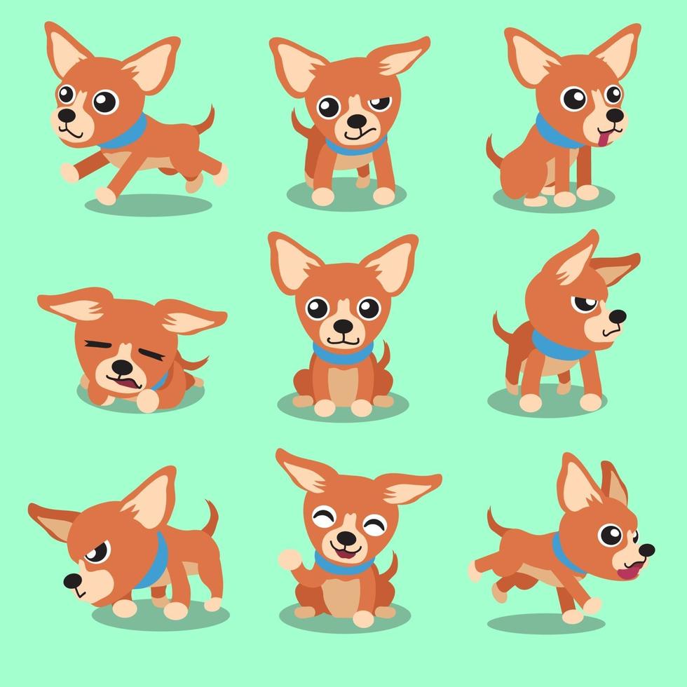 personaje de dibujos animados poses de perro chihuahua marrón vector