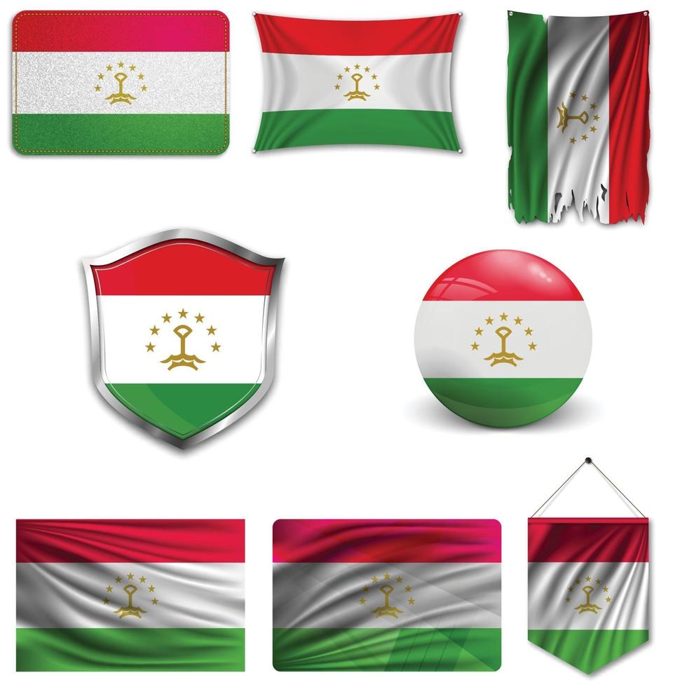 Set of the national flag of Tajikistan in different designs on a white background. Realistic vector illustration.