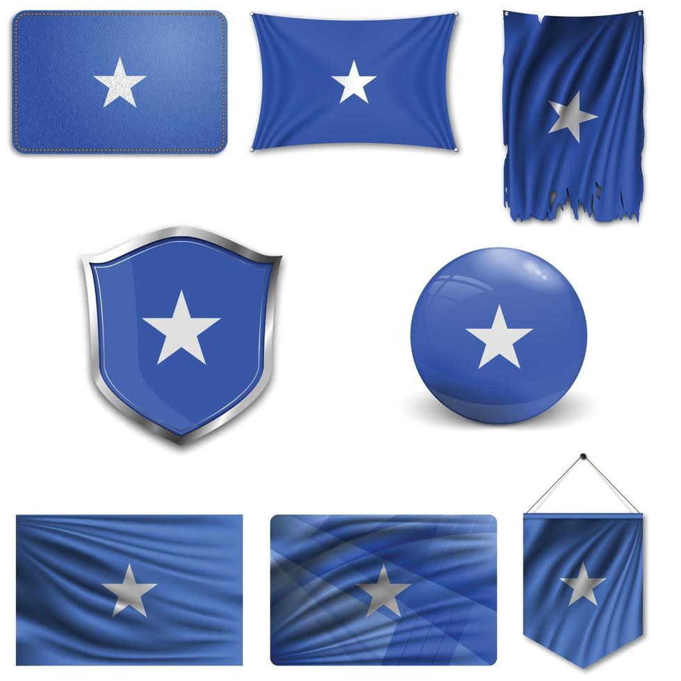 Set of the national flag of Somalia in different designs on a white background. Realistic vector illustration.