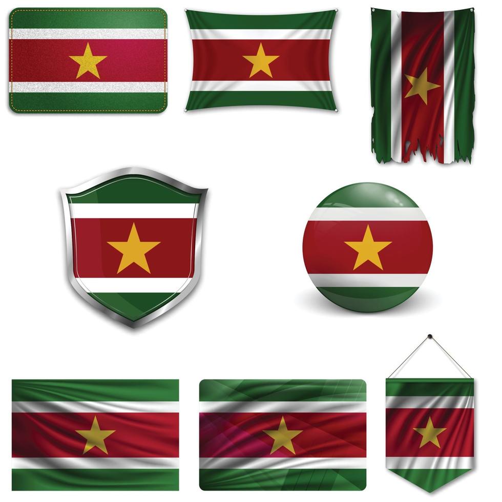 Set of the national flag of Suriname in different designs on a white background. Realistic vector illustration.