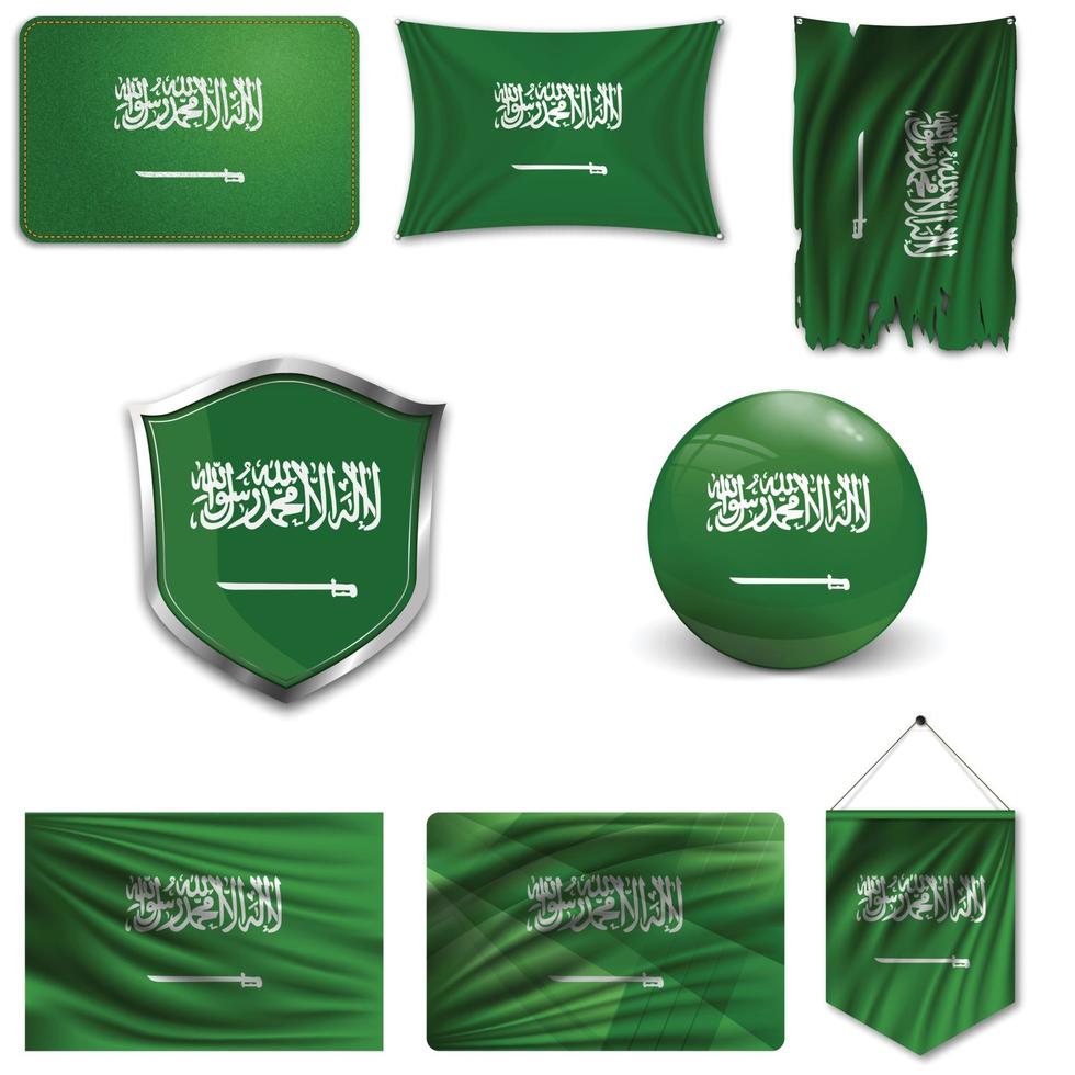 conjunto de la bandera nacional de arabia saudita en diferentes diseños sobre un fondo blanco. ilustración vectorial realista. vector