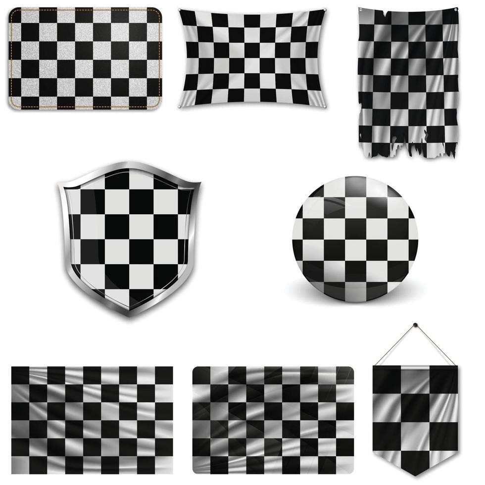 Set of checkered black and white racing flags in different designs on a white background. Realistic vector illustration.