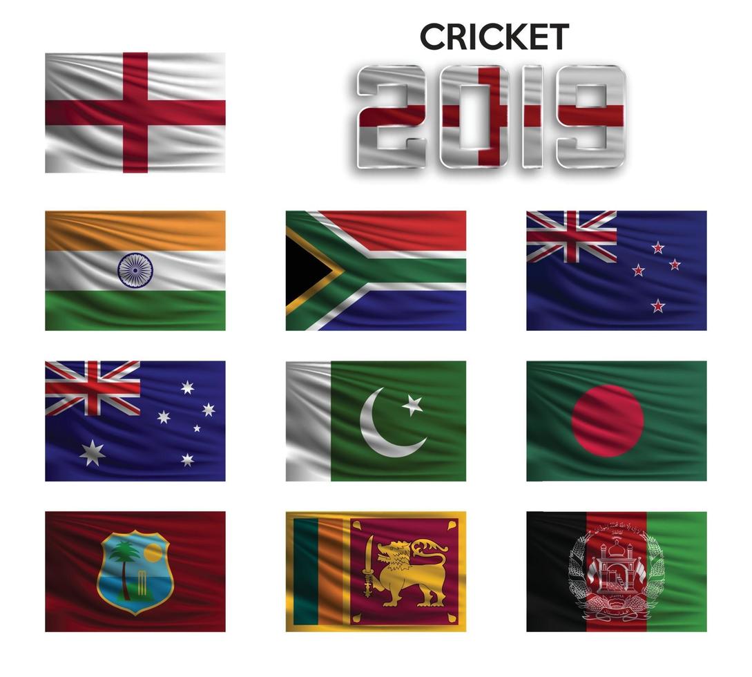 copa de cricket. conjunto de la bandera nacional del equipo sobre fondo blanco. ilustración vectorial. vector