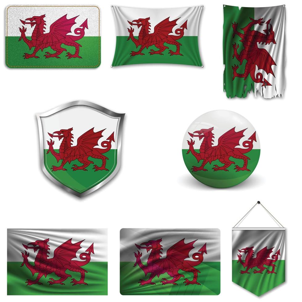 Set of the national flag of Wales in different designs on a white background. Realistic vector illustration.