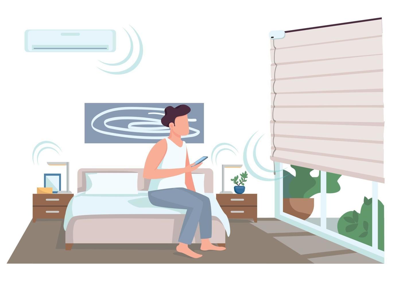 Guy in smart bedroom flat color vector faceless character. Young man with smartphone controlling jalousie. Domestic life innovations isolated cartoon illustration for web graphic design and animation