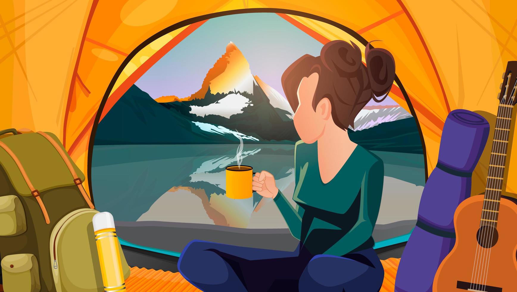 Vector background girl with a cup in a tent looks at the mountain