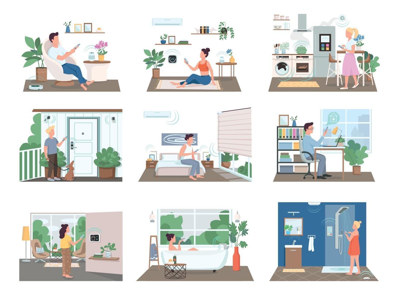 People in smart homes flat color vector faceless characters set. Men and women control domestic appliances with smartphones. Internet of things isolated cartoon illustrations on white background