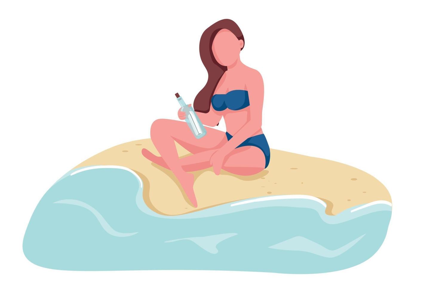 mujer enviando mensaje en botella color plano vector carácter sin rostro. Chica solitaria que encuentra una carta en la playa de arena de la isla aislada ilustración de dibujos animados para diseño gráfico y animación web