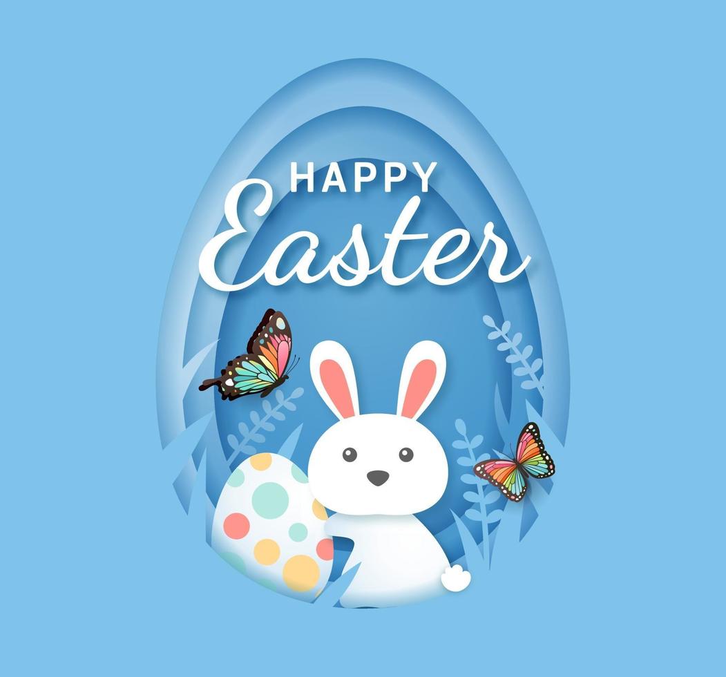 Easter day banner template with rabbit and easter egg paper-cut style vector