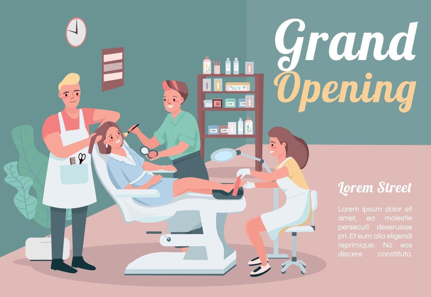 Grand opening banner flat vector template. Brochure, poster concept design with cartoon characters. Hairstylist visit. Make up artist. Beauty salon horizontal flyer, leaflet with place for text