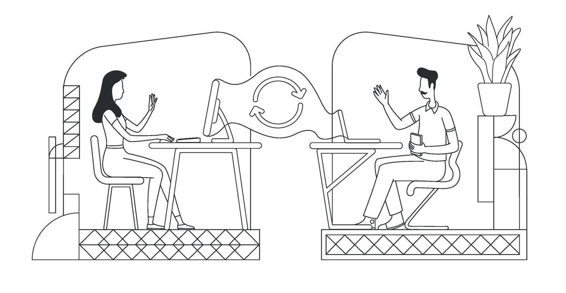 Freelancing, outsourcing thin line vector illustration. Coworkers communicating online outline characters on white background. Internet job, distance communication technology simple style drawing