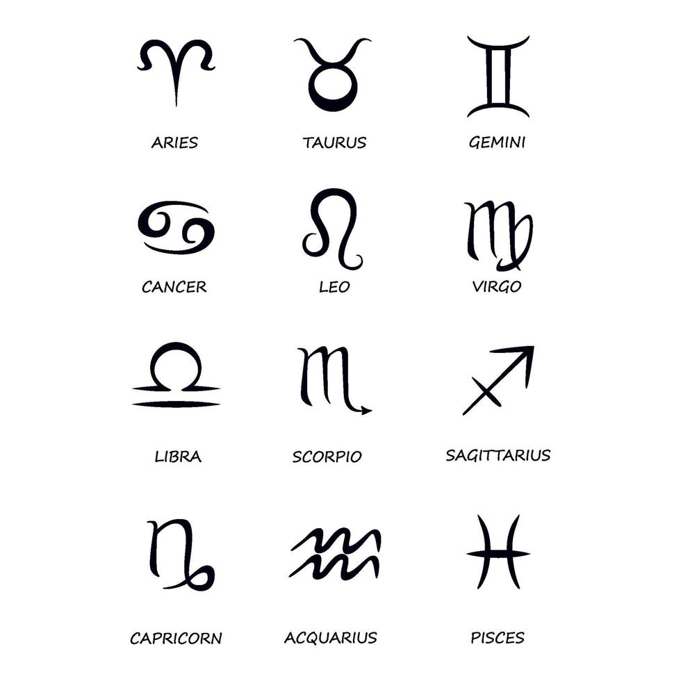 Twelve zodiac signs black vector illustrations set. Celestial symbols with names for horoscope. Pisces, Aries, Libra astrological silhouette signs. Virgo, Scorpio symbols glyph icons pack