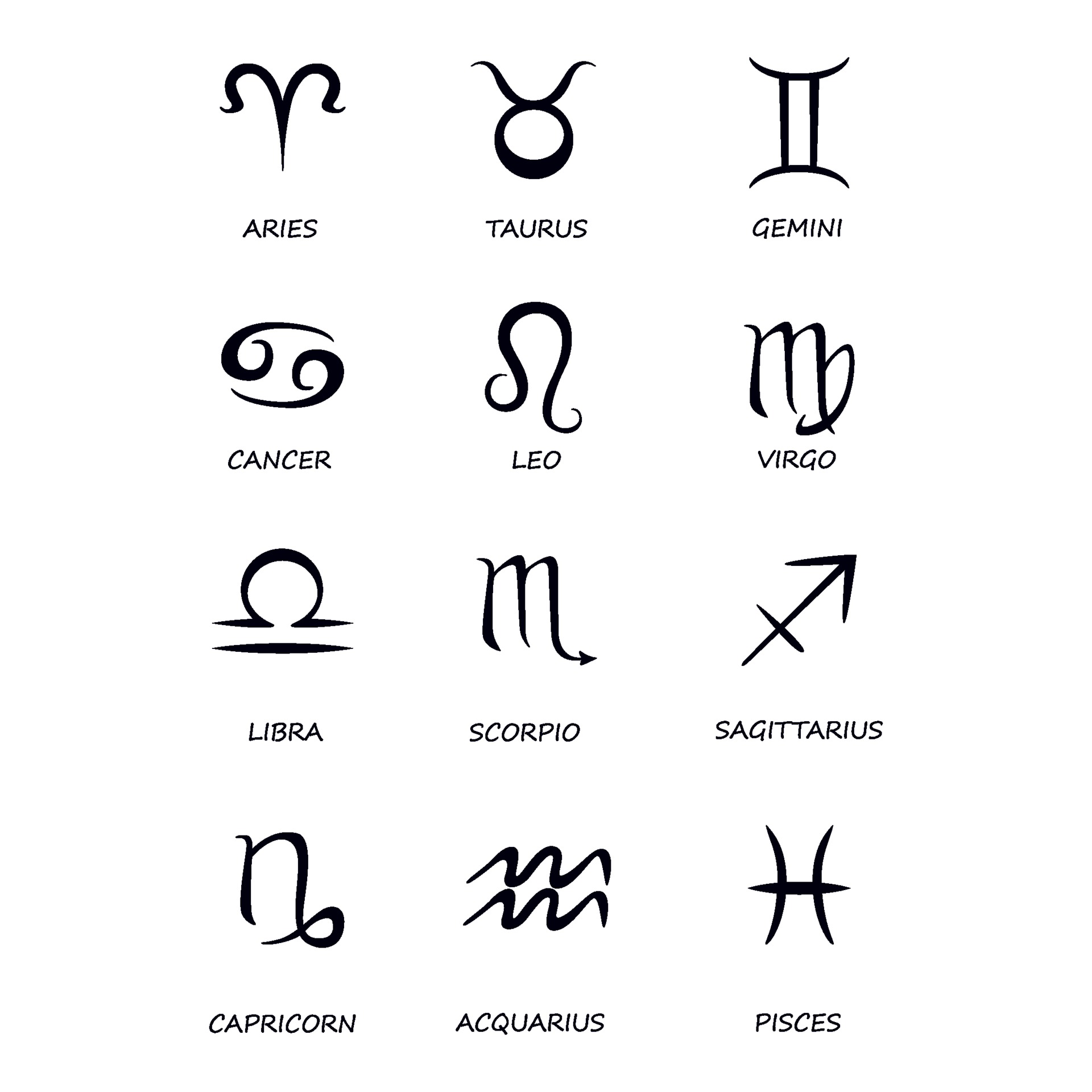 Twelve zodiac signs black vector illustrations set. Celestial ...