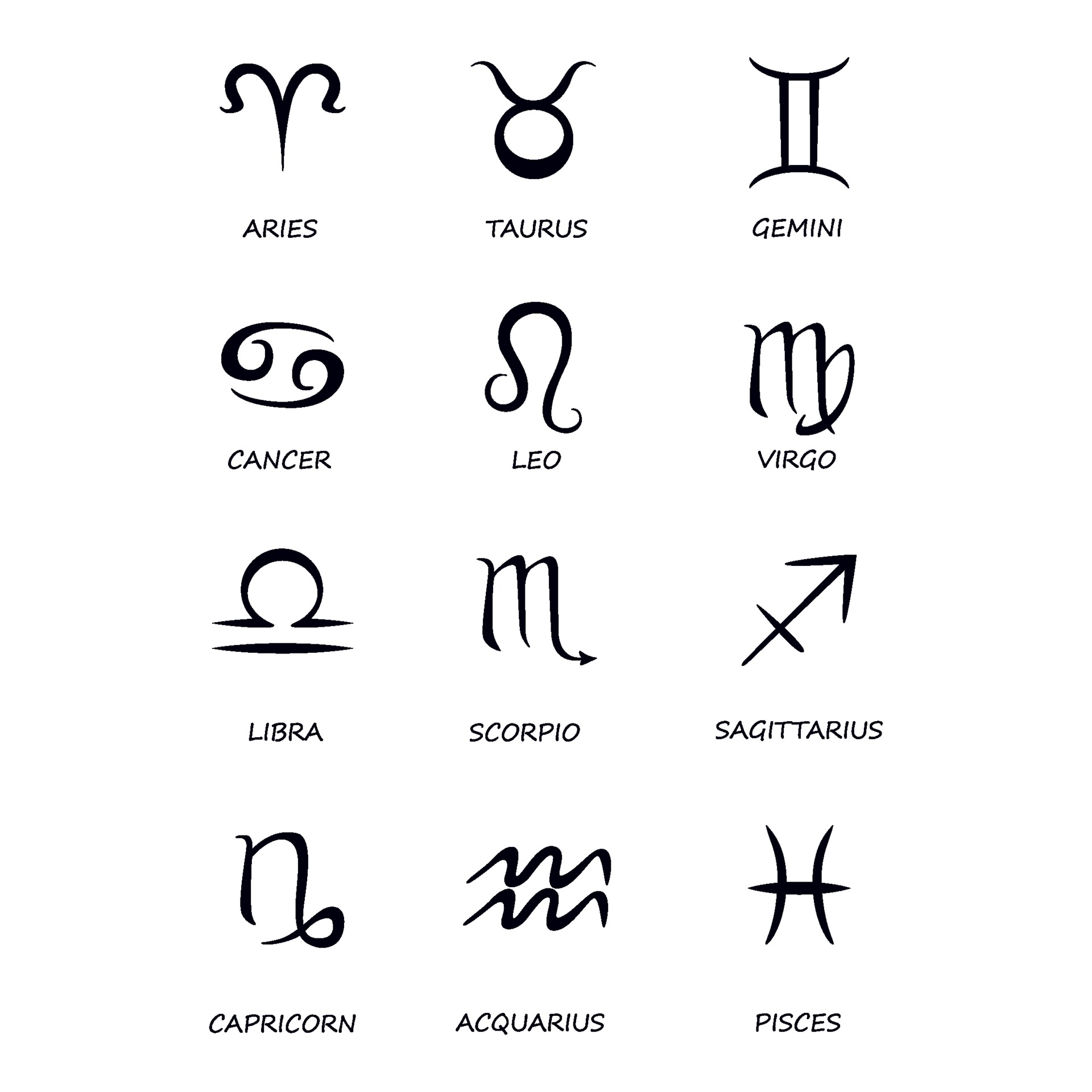 Twelve zodiac signs black vector illustrations set. Celestial symbols ...