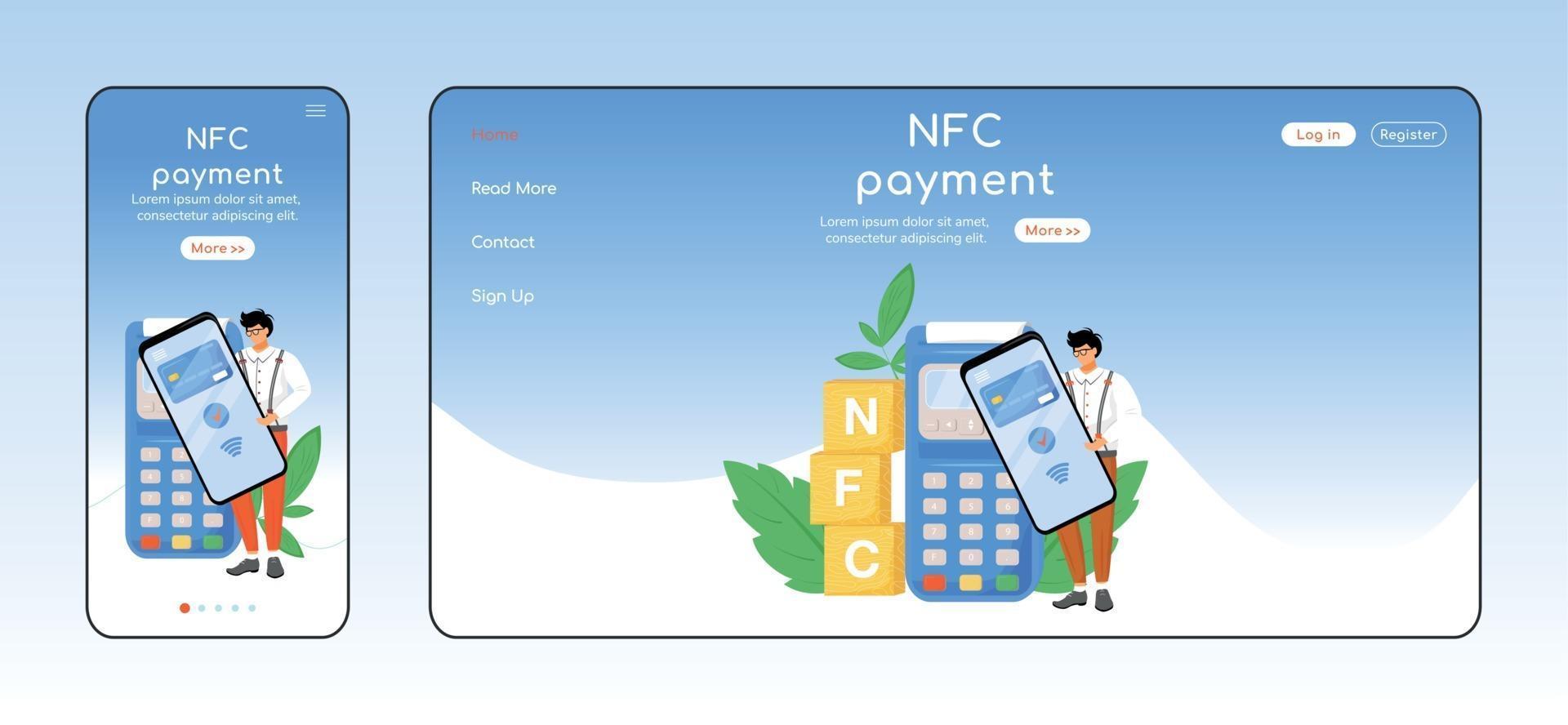 NFC payment adaptive landing page flat color vector template. Contactless transaction mobile and PC homepage layout. Fintech one page website UI. E payment application webpage cross platform design