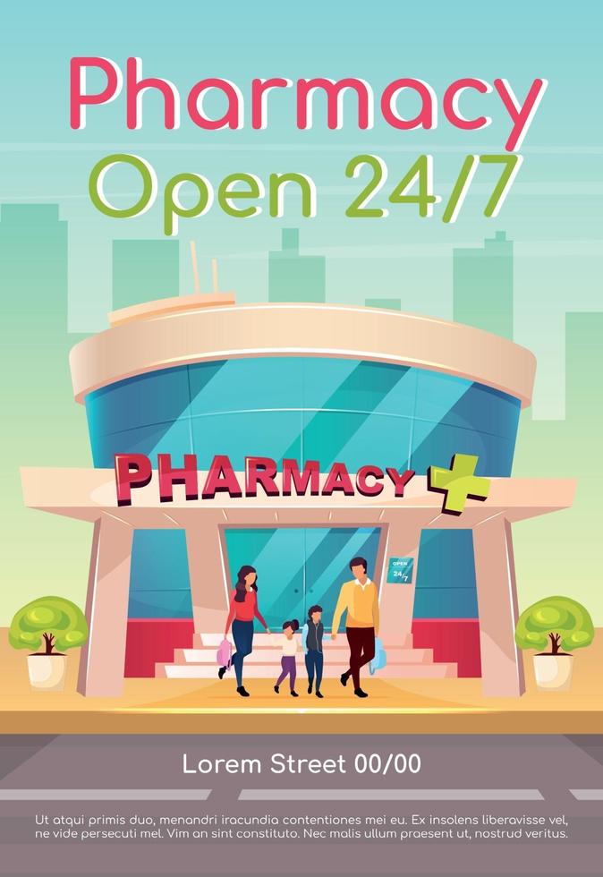 Pharmacy open 24 7 poster flat vector template. Medicine and healthcare. Medication available everyday. Brochure, booklet one page concept design with cartoon characters. Drugstore flyer, leaflet