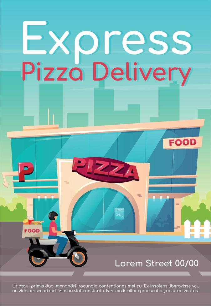 Express pizza delivery poster flat vector template. Pizzeria, restaurant. Fast food order. Catering service. Brochure, booklet one page concept design with cartoon characters. Cafeteria flyer, leaflet