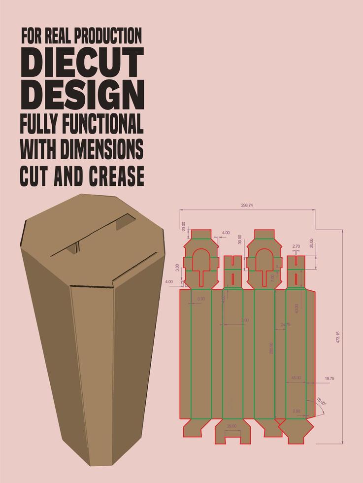 Caja octogonal troquelada, cierre a presión de diseño dieline de caja, preparado para trabajar con cartón real vector