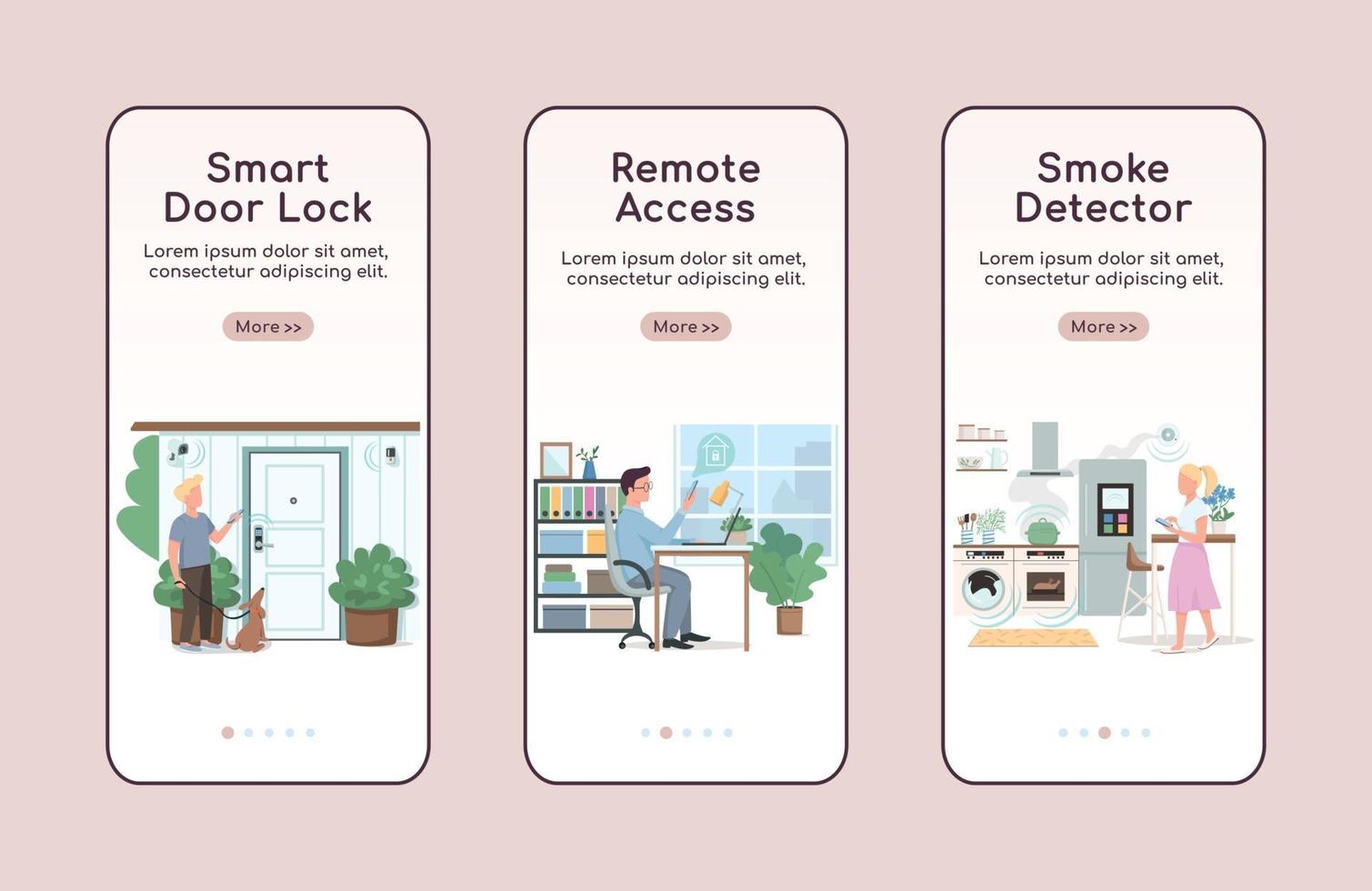 Smart home security onboarding mobile app screen flat vector template. Remote access and automation walkthrough website steps with characters. UX, UI, GUI smartphone cartoon interface, case prints set