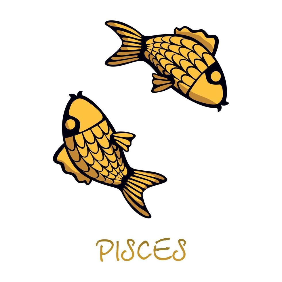 Ilustración de vector de dibujos animados plana accesorio signo del zodíaco piscis. peces dorados, objetos de animales submarinos. horóscopo astrológico, símbolos celestes de las carpas, signo de agua. elemento dibujado a mano aislado